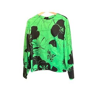 Vintage 70s Neon Green Floral Blouse Talon Zip Mod Statement Dopamine Dressing